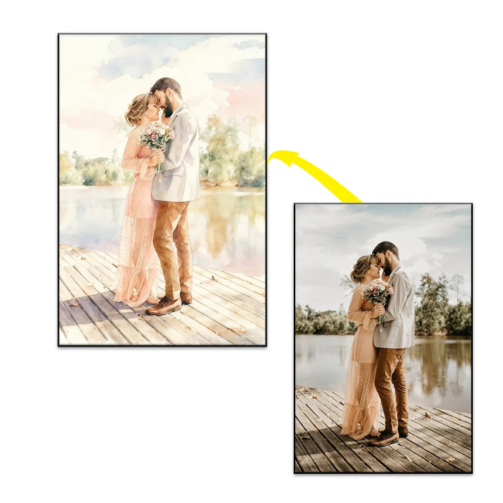 toile aquarelle personnalisable photo couple bouquet fleurs chien animaux paysage blanc beige vert bleu