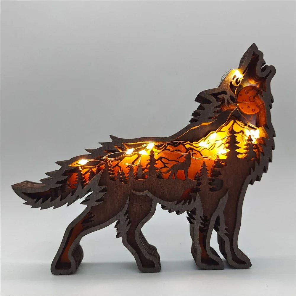 Sculptures animales lumineuses bois détails forestiers ours loup renne LED