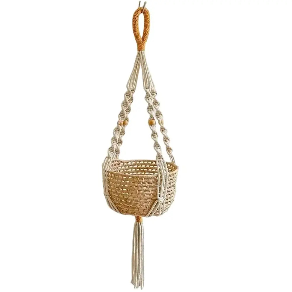 support plante suspendue macramé boho blanc beige noir artisanal anneaux métalliques pot plante