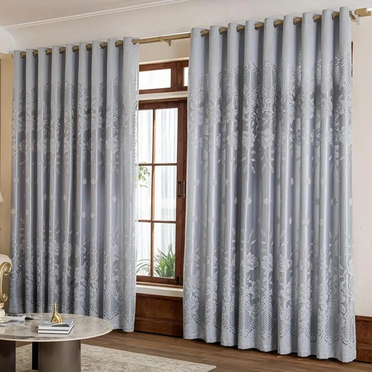 rideau gris floral semi transparent classique brodé salon chambre
