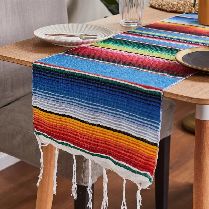 nappe mexicain rayées franges colorées maison carnaval festive 35x210cm polyester coton