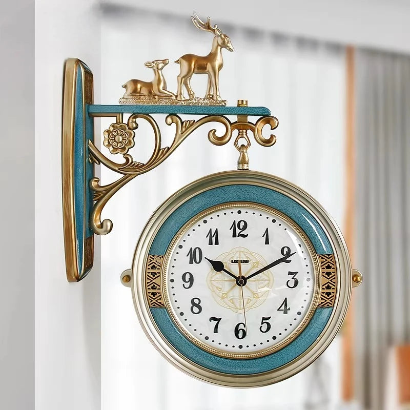 horloge murale double face bleu turquoise or décorative vintage figurines animales chambre salon