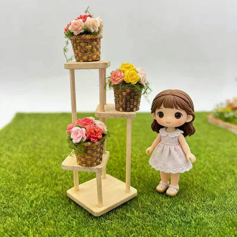 miniature pot fleurs artificielles panier osier marron clair vert rose jaune rustic artisanal