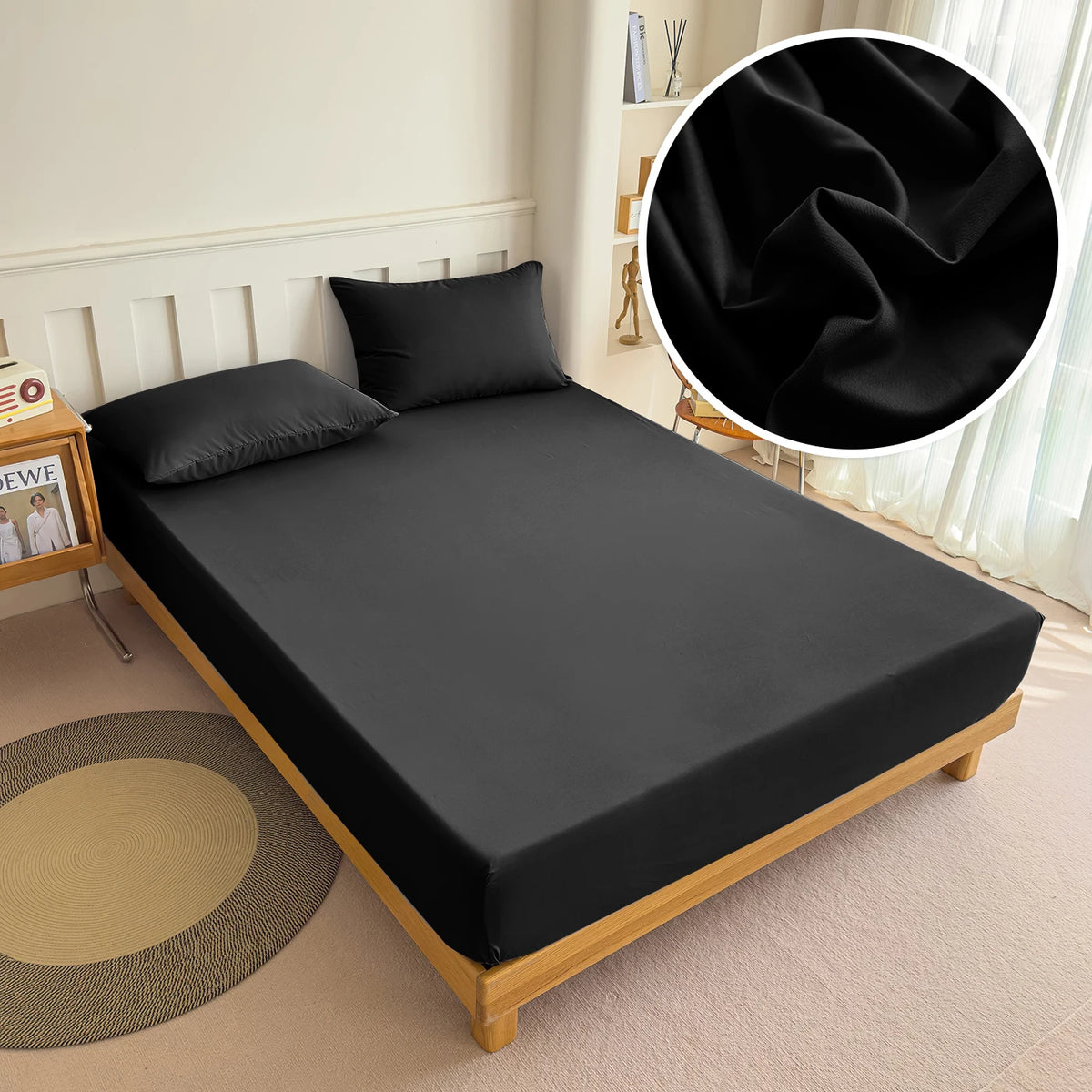 drap housse lit polyester uni satiné moderne élégant bleu marine beige gris 150x200cm
