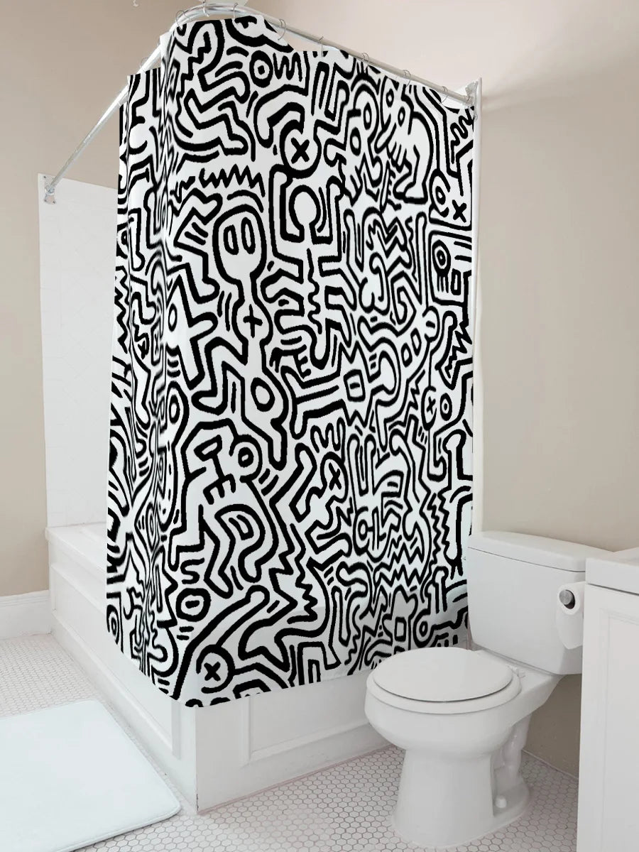 rideau douche moderne noir blanc graphique abstrait imperméable résistant respectueux environnement anneaux métalliques large