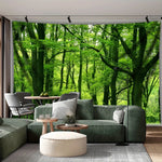 tapisserie murale forestière lavable machine motif feuillage luxuriant vert gris beige