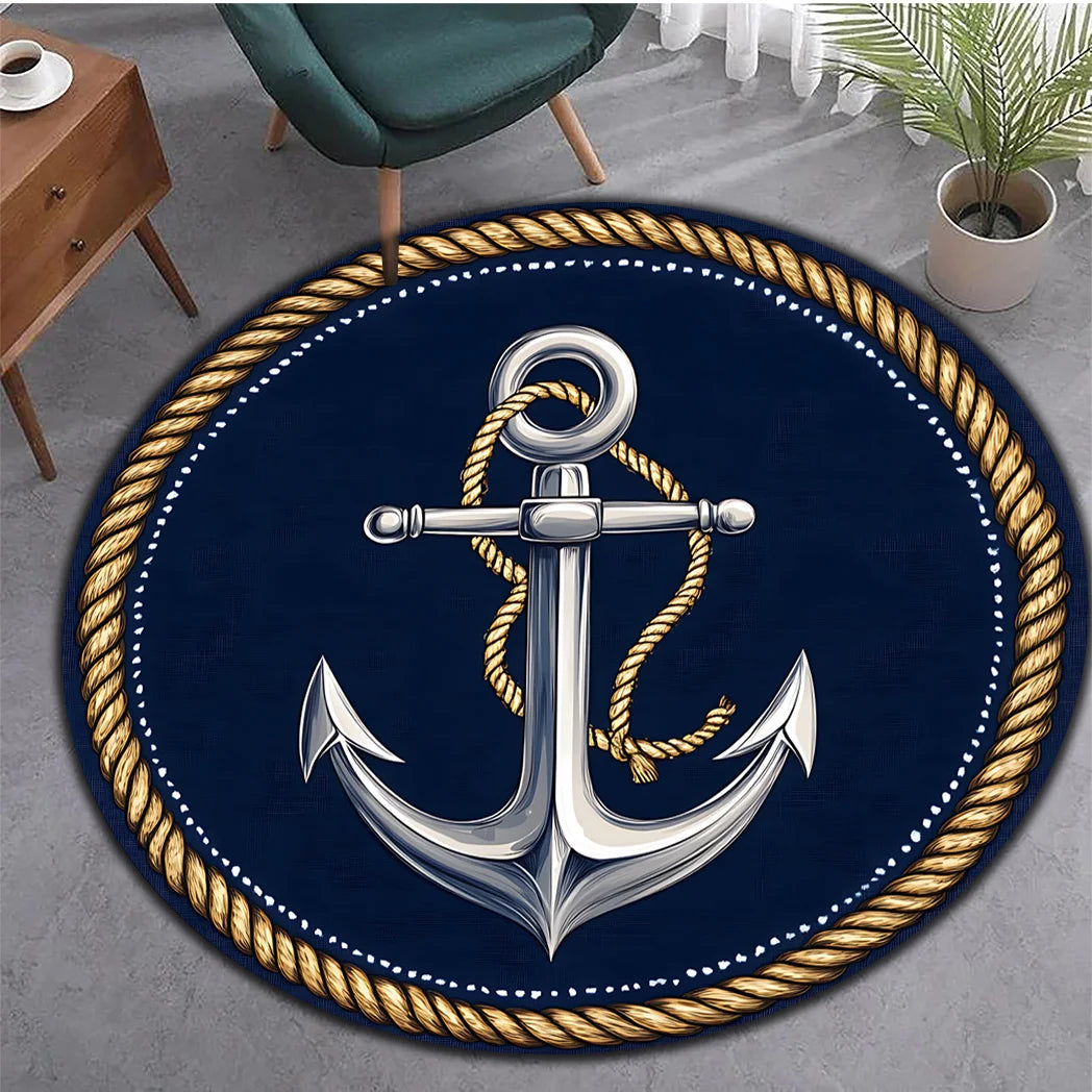 tapis rond ancre marine corde bleu doré moderne salon chambre extérieur decoration