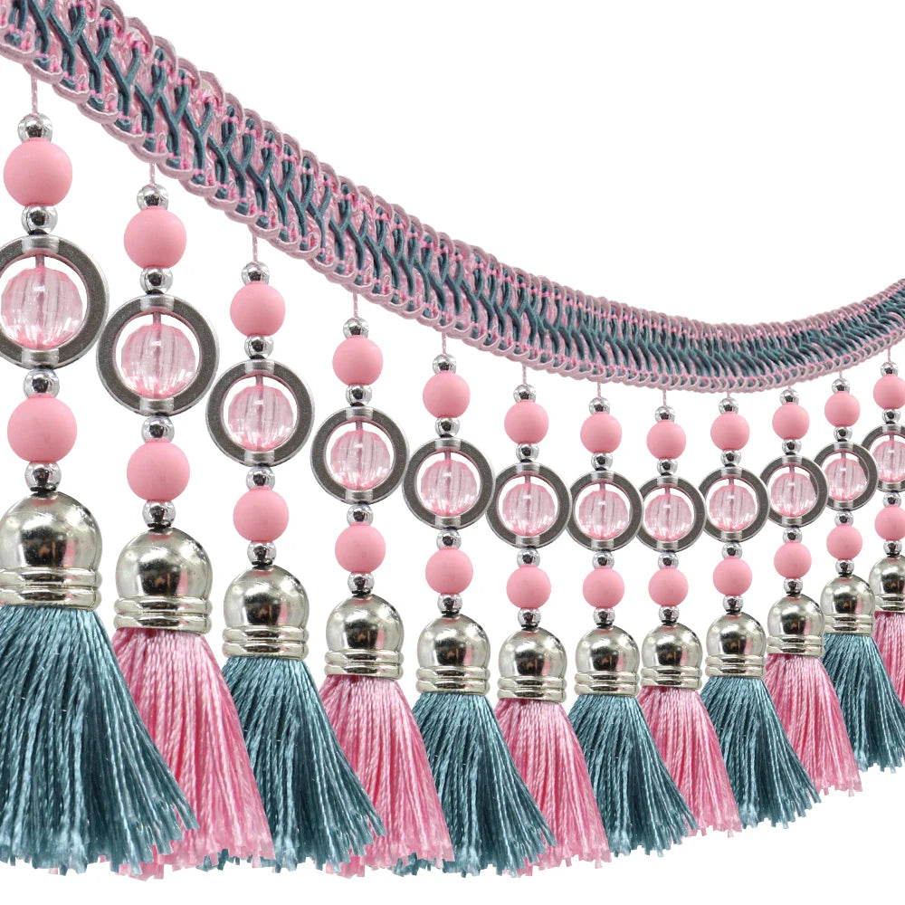 franges perlées bicolores tissu décoratif rideau bordure élégante tressées turquoise bleu rose