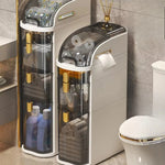 rangement salle bain moderne étages adhésif compartiments transparent beiges gris produits toilette papier serviettes
