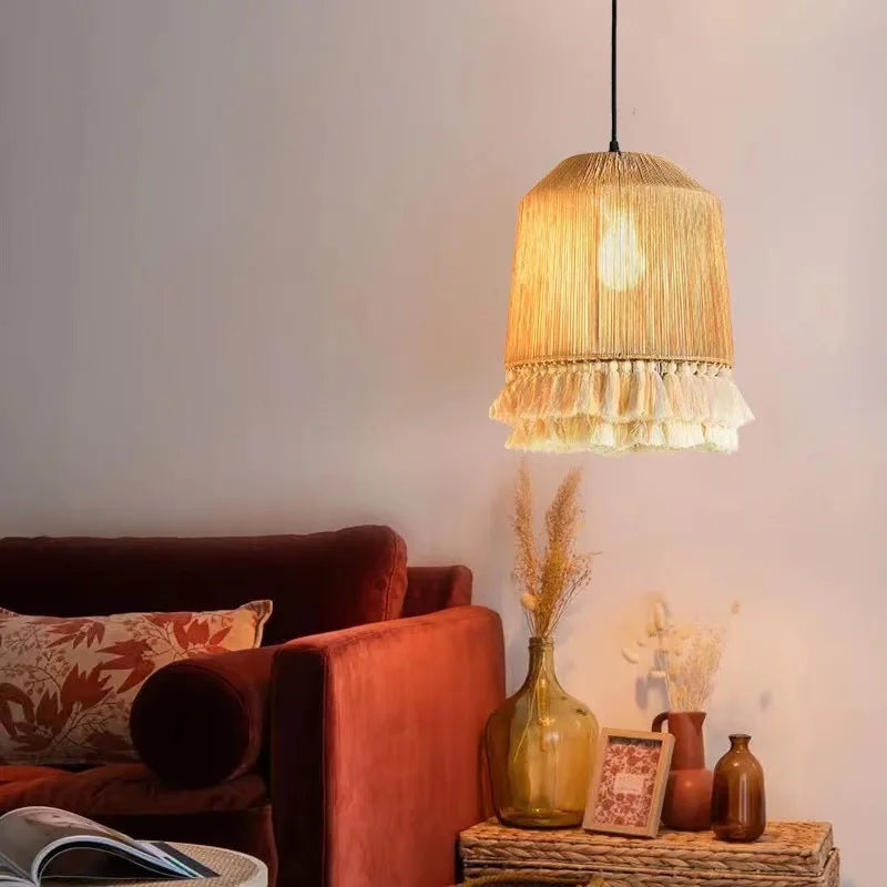 suspension lumineuse boho tissu tressé franges beige blanc rustique