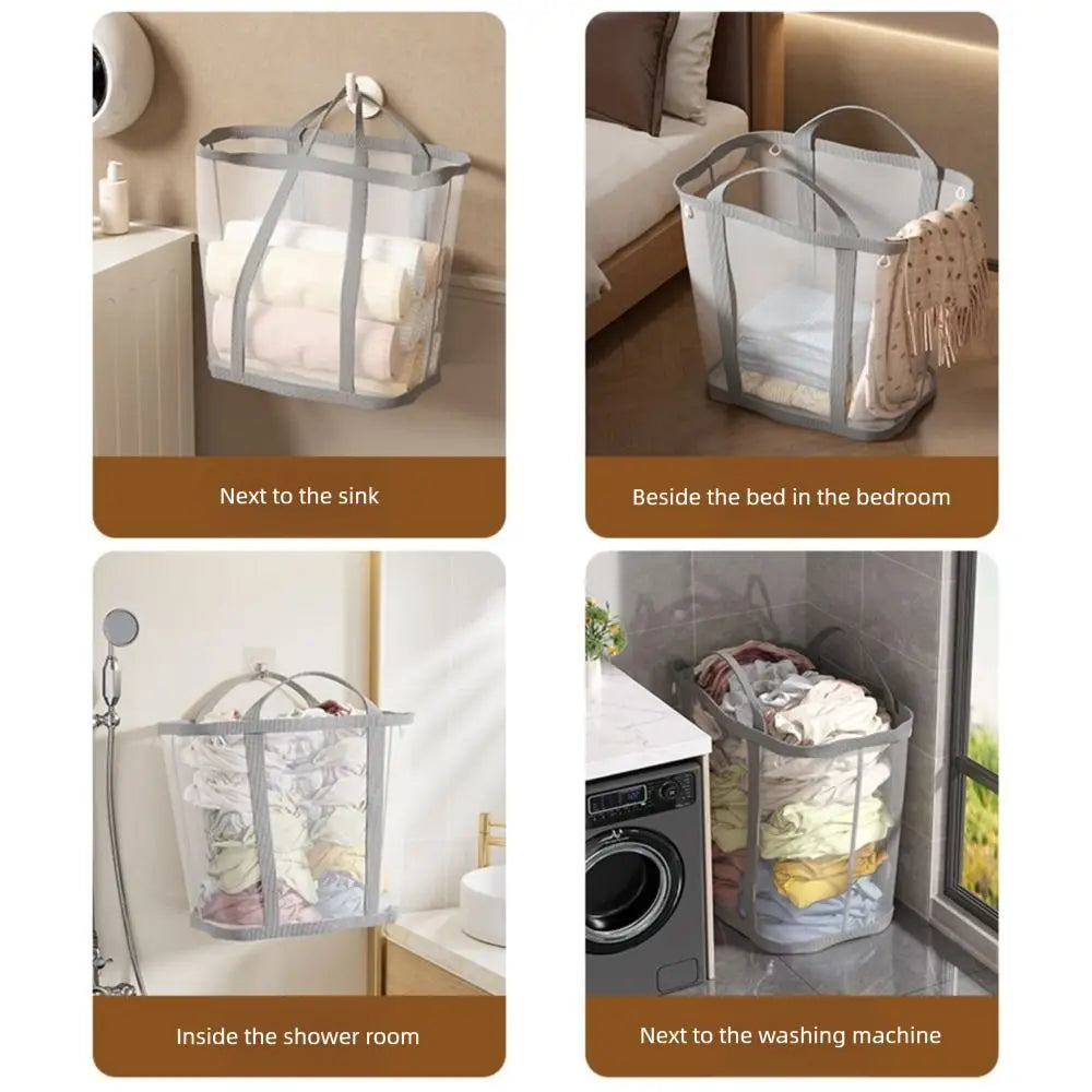 panier linge pliable rose clair maille transparente poignées amovibles moderne réutilisable polyester grande capacité