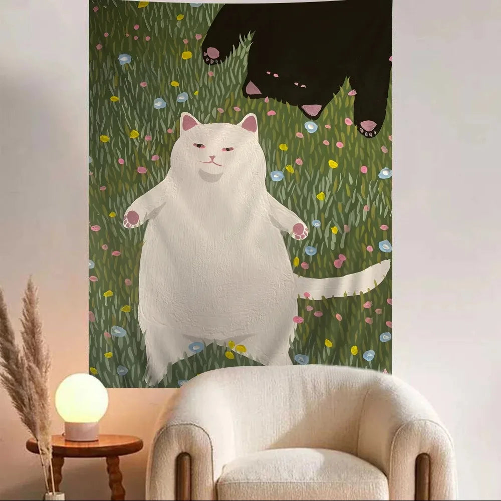 tapisserie murale décoration chambre salon chat mignon fleurs paysage vert moderne tissu polyester lavable