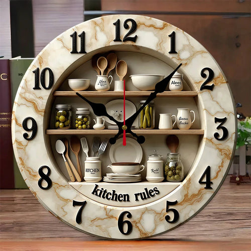 horloge murale étagères marbre moderne vaisselle cuillères fourchettes bocal épices kitchen rules silent clock