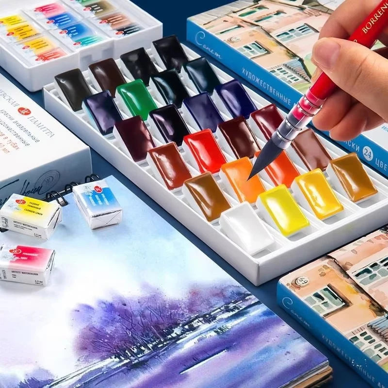 peintures aquarelle 12 16 24 36 couleurs bleu rouge jaune verte palette étudiante