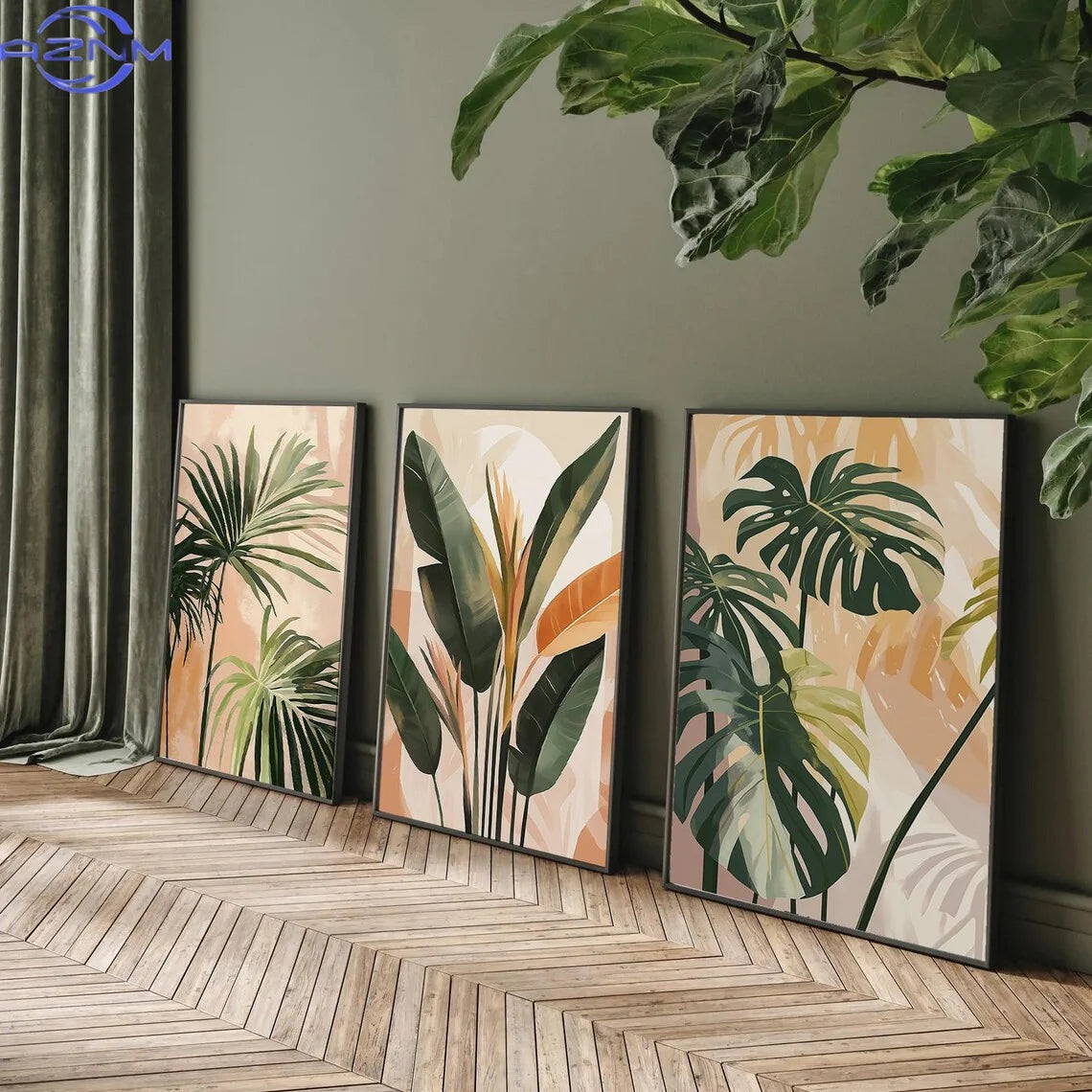 tableaux abstraits modernes toile feuilles tropicales vert beige 30x40cm 40x60cm 50x70cm minimaliste sans cadre