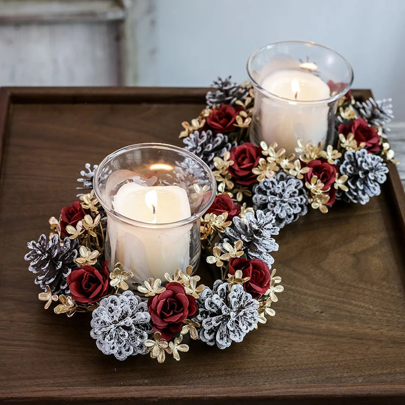décoration intérieure bouquet fleurs artificielles bougie verre opalin rouge vert doré blanc hiver seasonal