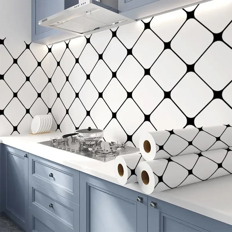 papier peint adhésif mural vinyle blanc motif carreaux noirs moderne imperméable résistant moisissure salon
