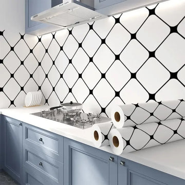 papier peint adhésif mural vinyle blanc motif carreaux noirs moderne imperméable résistant moisissure salon