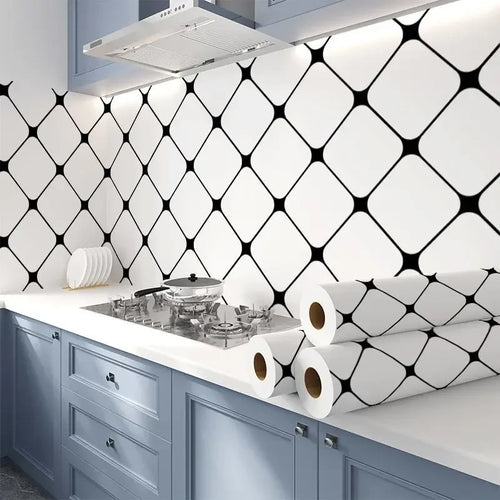 papier peint adhésif mural vinyle blanc motif carreaux noirs moderne imperméable résistant moisissure salon