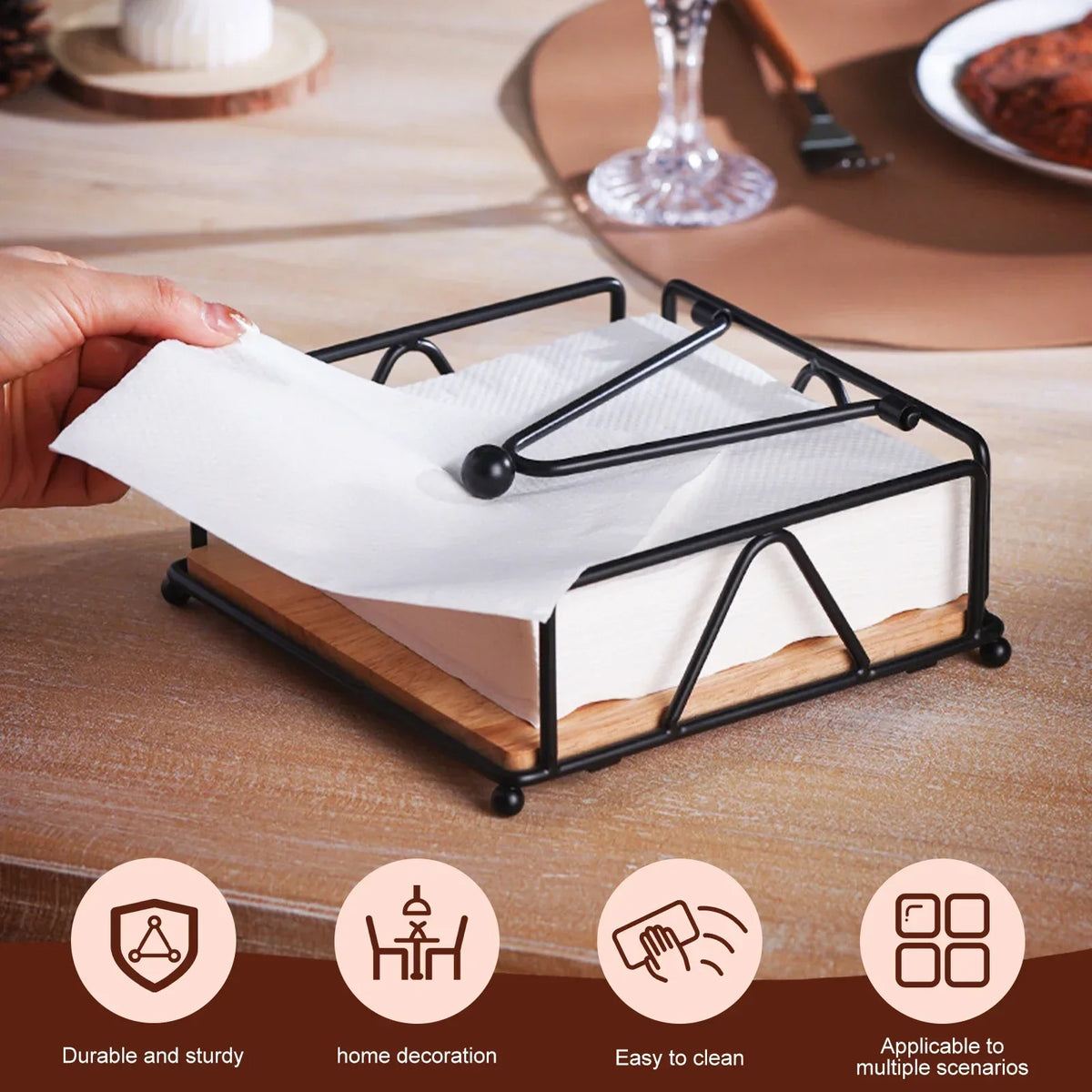 support serviettes industriel moderne métal noir bois naturel pieds billes cuisine salle bain