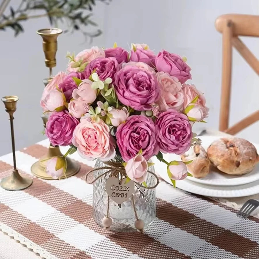 bouquet fleurs artificielles pivoine roses vintage blanc rose bleuclair decoration maison exterieur mariage anniversaire
