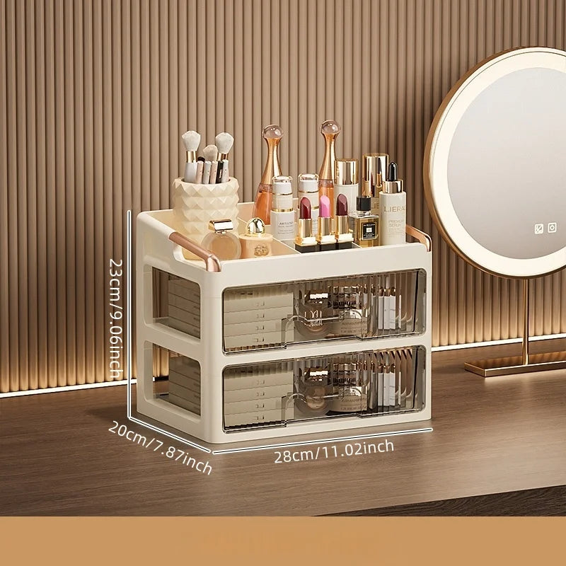 boîtes rangement cosmétiques moderne pliables beige clair poignées dorées étiquettes produits