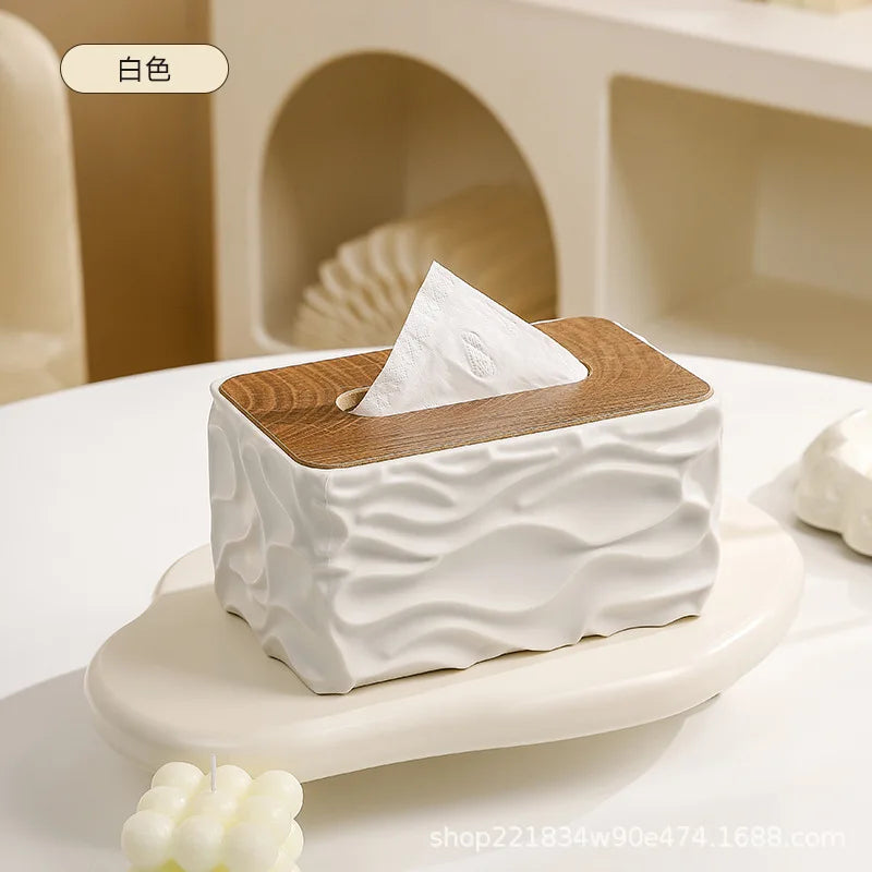 boîte mouchoirs moderne plastique blanc texture ondulée mouchoirs blancs bois foncé