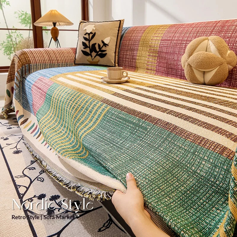 couverture canapé multicolore rayures géométriques moderne rétro polyester lavable printemps été