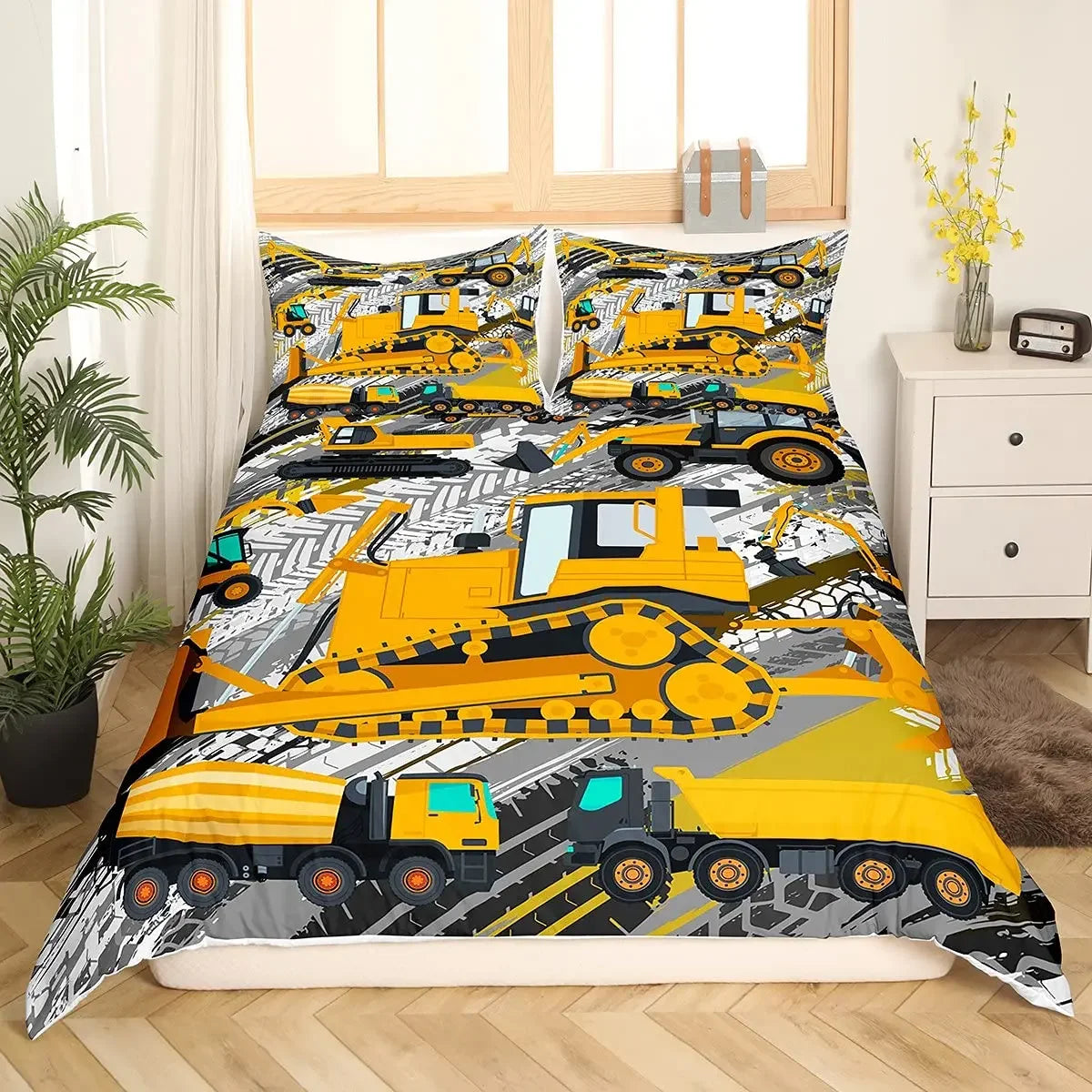 Housse de couette jaune tracteur camion pour chambre d'enfant