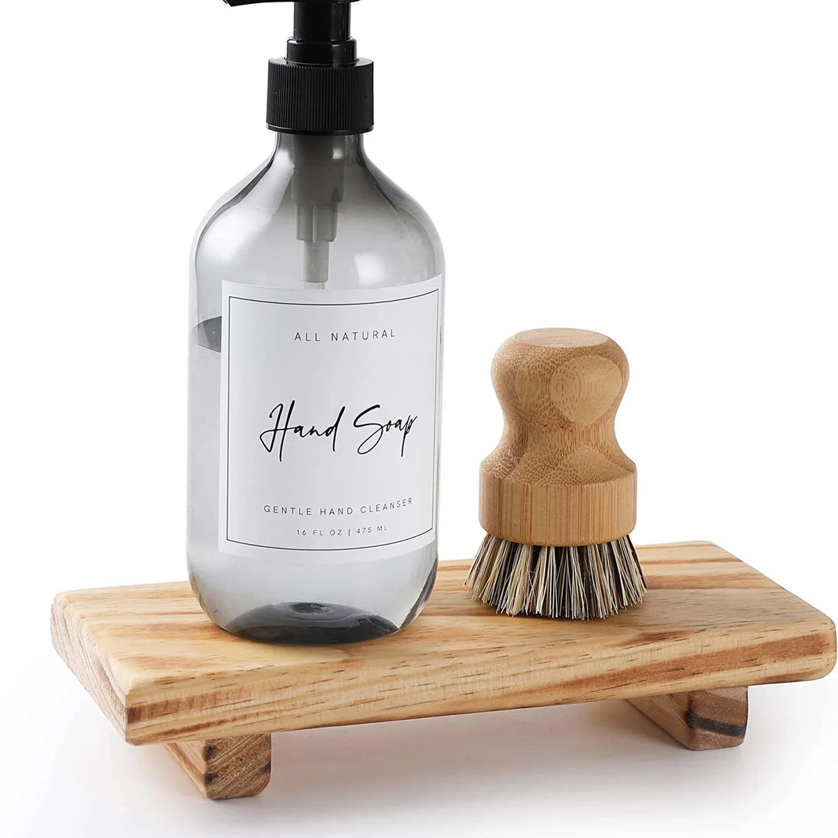 support salle bain bois plateau texturé bouteille savon brosse buvette bougies plantes décorations rustic