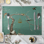 set table lin motif floral oiseaux vert beige blanc rose marron decoratif asiatique table