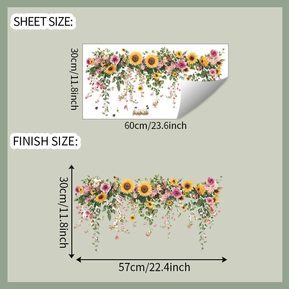 autocollants muraux adhésifs fleurs tournesol roses feuilles décor naturel pvc 30x60cm opaque jaunes verts