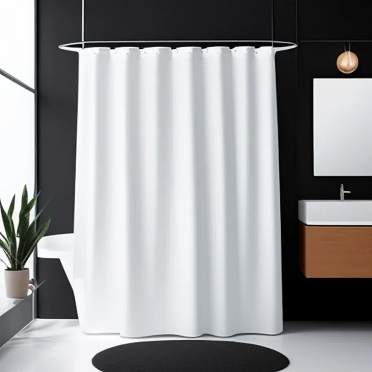 rideau douche blanc uni moderne imperméable tissu polyester anneaux métalliques salle bain cloison