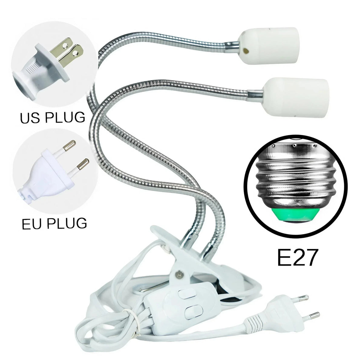 lampe pince flexible blanc moderne base e27 tige métallique réglable interrupteur prise us