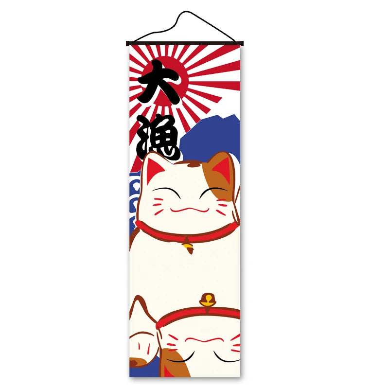 bannière japonaise graphique artisanale suspension bleu blanc rouge motifs traditionnels restaurante