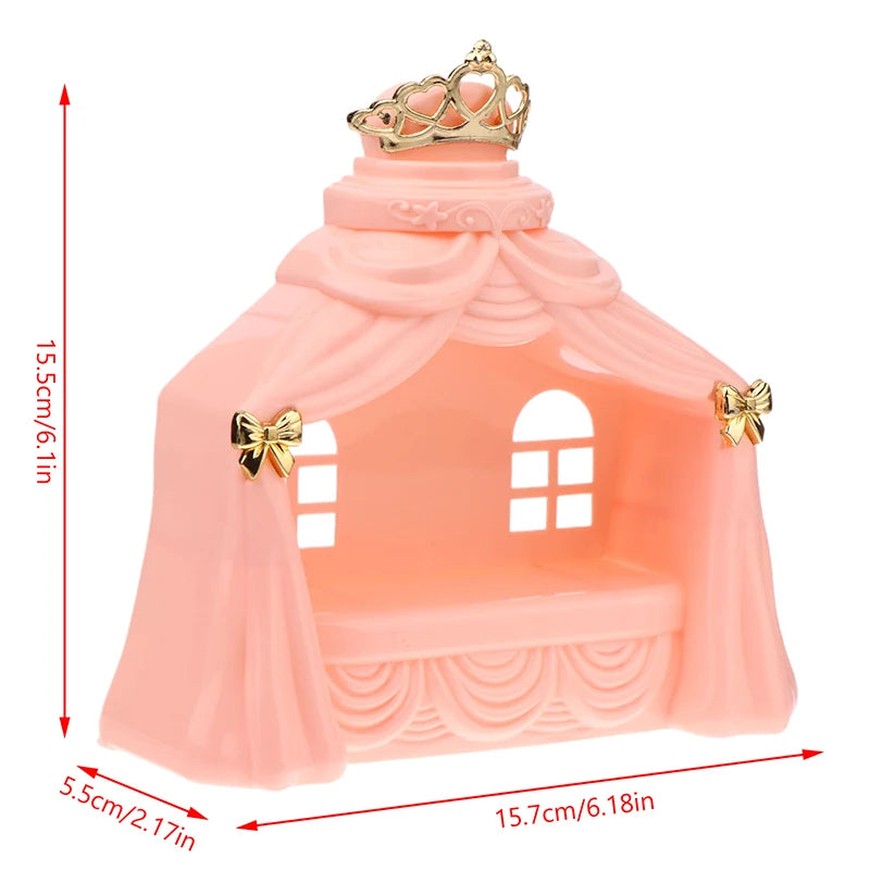 lit poupée princesse banc rose clair couronne rubans fenêtres blances résine