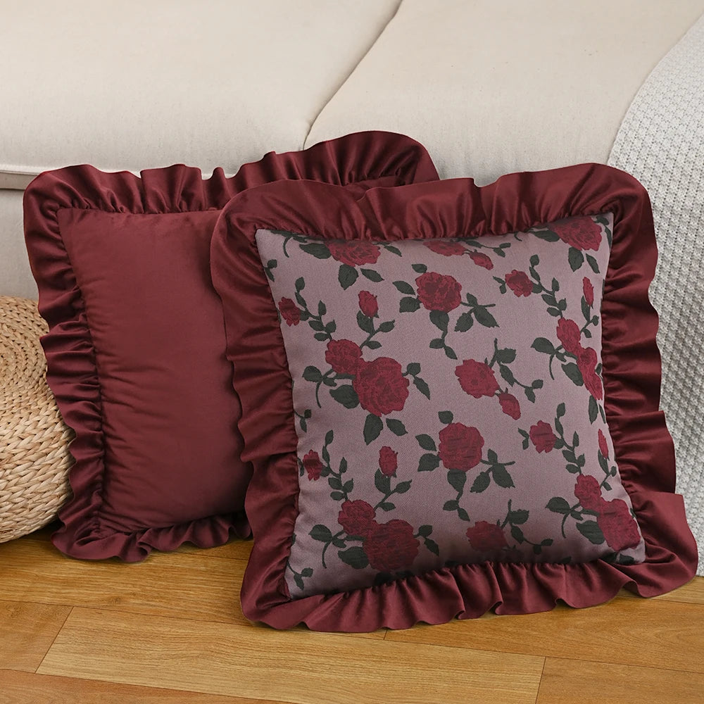 taies d'oreiller jacquard fleur roses rouges feuilles vertes vintage opacité fixation oreillettes maison lit