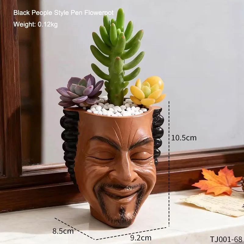 cache pot résine forme masque souriant marron plante verte moderne humoristiqueintérieur décorationextérieur artisanat ornement