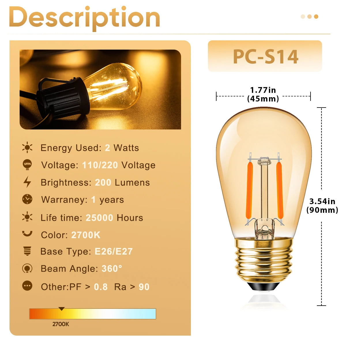 Ampoule LED dorée translucide filament orange vintage édition warm white 2700K E26 E27