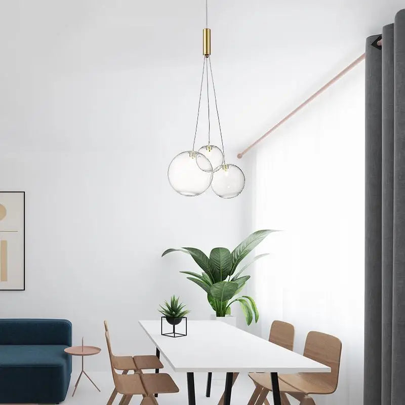 luminaire suspension pendentif boules verre doré transparent intérieur salon chambre decoration led neutre