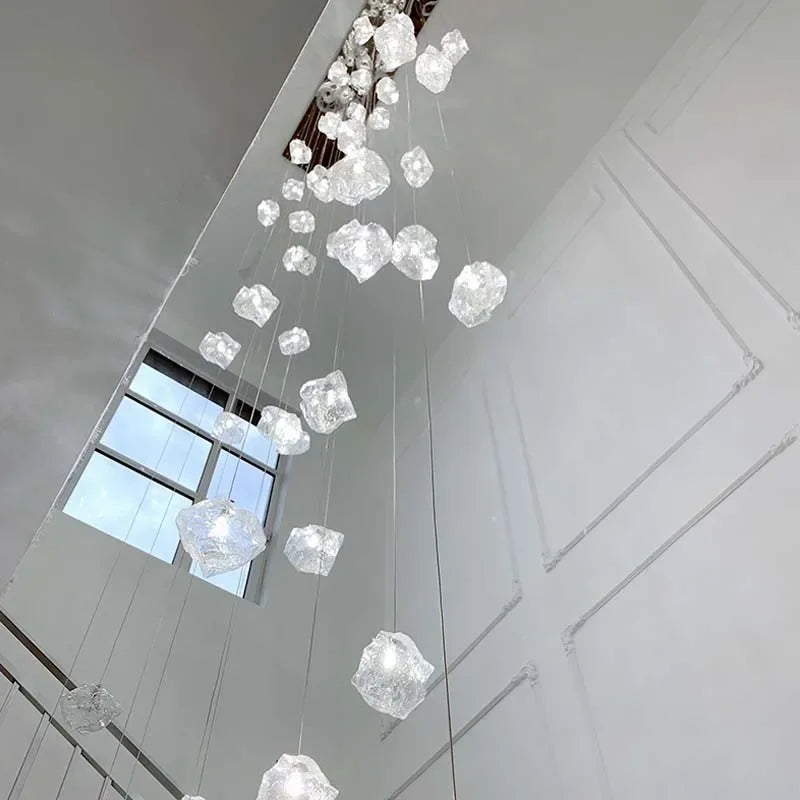 lustre moderne blanc transparent cubes géométriques suspension câbles blancs lumière chaude lumière froide 30w