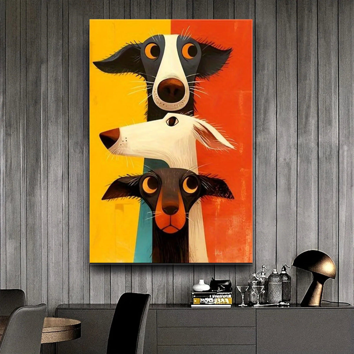 tableau moderne trois chiens stylisés animal compagnie abstrait jaune orange noir