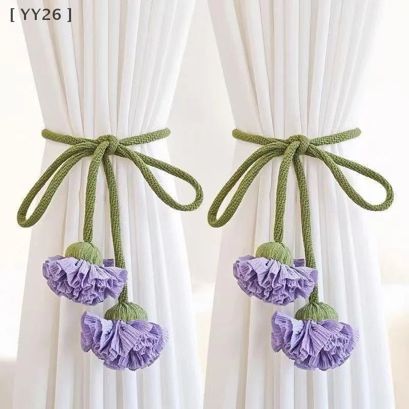 attaches rideaux fleurs tissu coton vert blanc violet orange floral champêtre