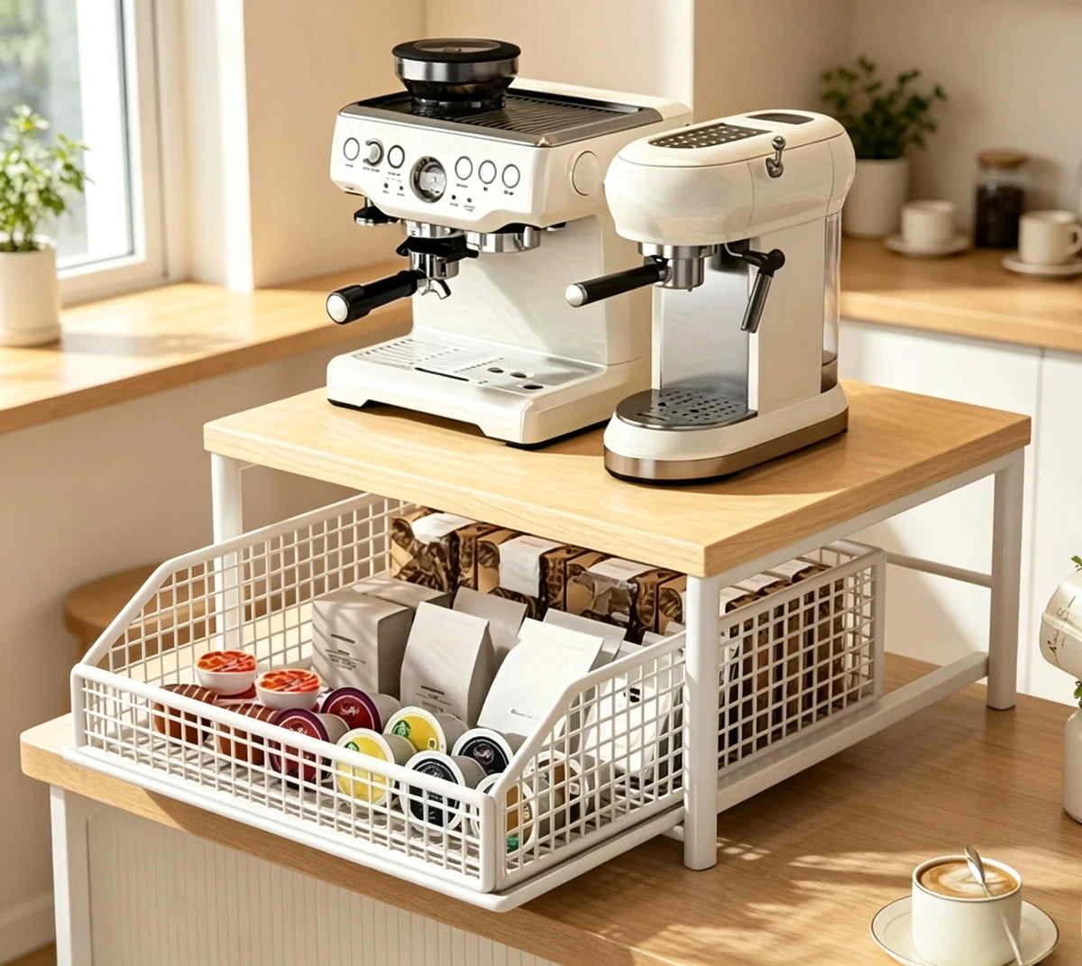 étagère rangement bois blanc métal tiroir panier station cuisine compacte moderne intérieur