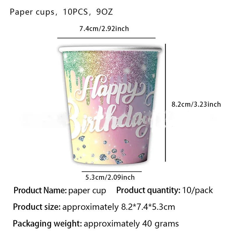 assiettes pailletées multicolores serviettes gobelets nappe festive anniversaire filles papier décorative effet gouttelettes colorées