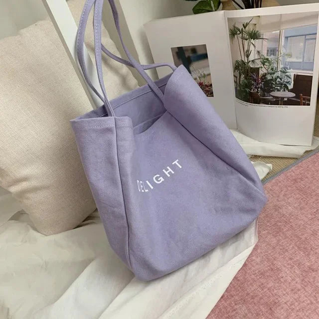 sac main toile réutilisable polyvalent lettre DELIGHT blanc jaune vert violet poche téléphone