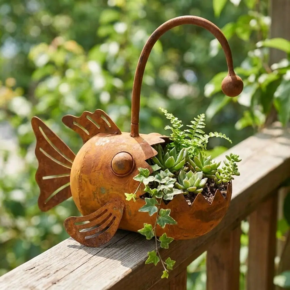 cache plantes forme poisson orange rouille texture écailles artisanal rustique sans fixation plante succulentes