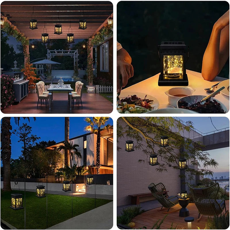 lanternes solaires noires transparentes modernes crochets métalliques extérieur decoration autonomes ip65 led