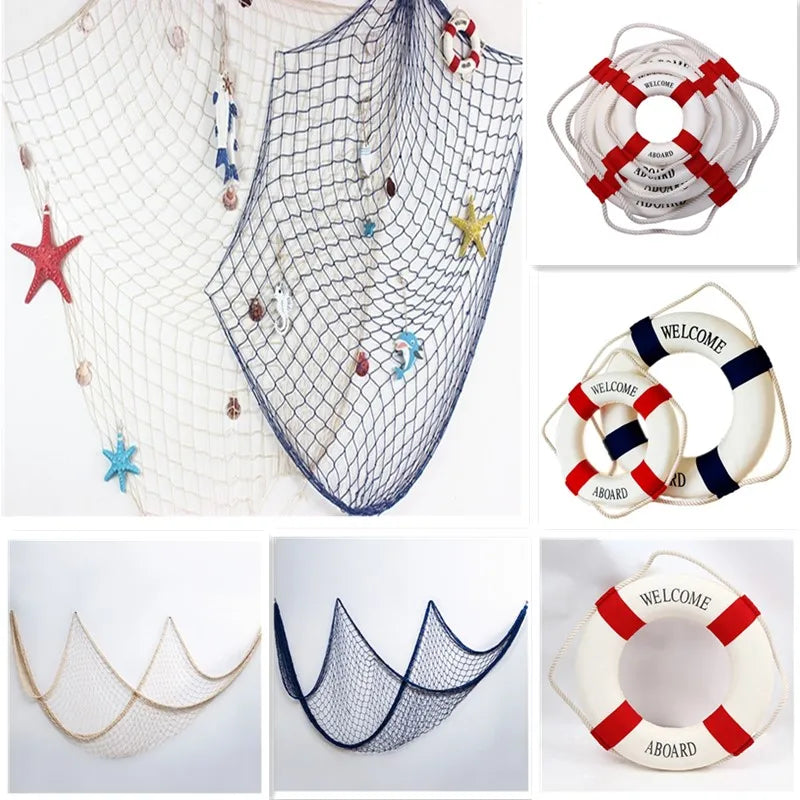 filet pêche decoratif bleu blanc decoration murale nautique maison thuyền cứu hộ trang trí