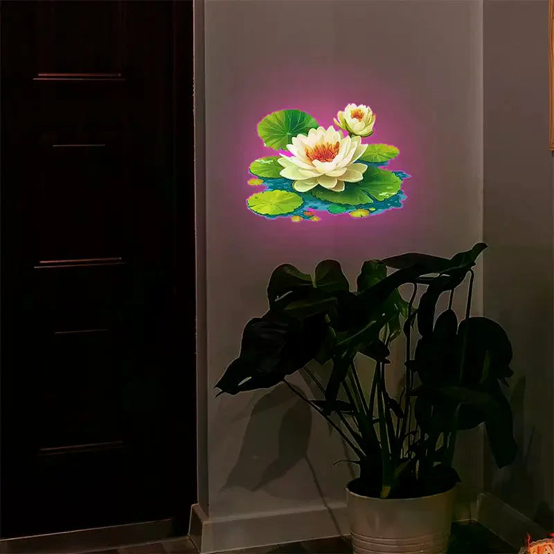 autocollant mural fleurs lotus feuilles nénuphar blanc vert jaune bleu réaliste adhésif chambre salon